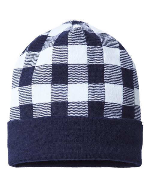CAP AMERICA USA-Made Plaid Beanie — Navy/ White — Front