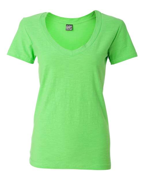 J. America Women's V-Neck Slub T-Shirt — Lime — Front