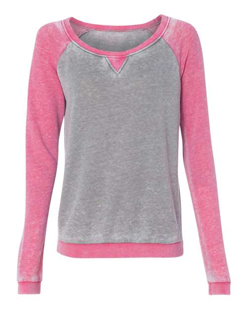 J. America Women’s Zen Fleece Raglan Sweatshirt — Cement/ Wildberry — Front