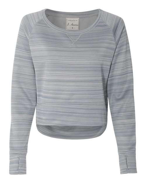 J. America Women's Odyssey Striped Performance Fleece Hi-Low Crewneck Sweatshirt — Quarry — Front