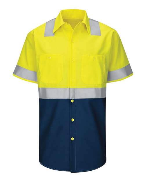 Red Kap Men's Enhanced & Hi-Visibility Work Shirt — Fluorescent Yellow/ Green/ Navy — Front