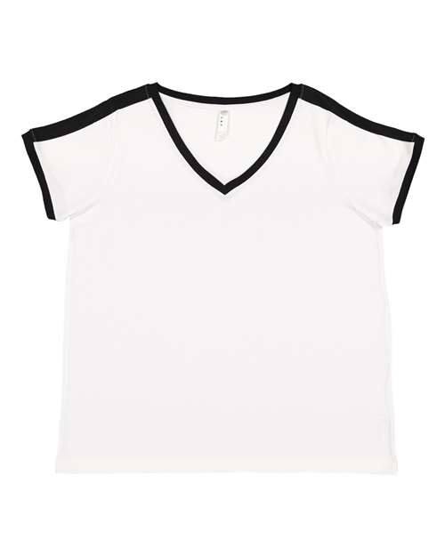 LAT Women's Curvy Retro Ringer Premium Jersey V-Neck Tee — White/ Black — Front