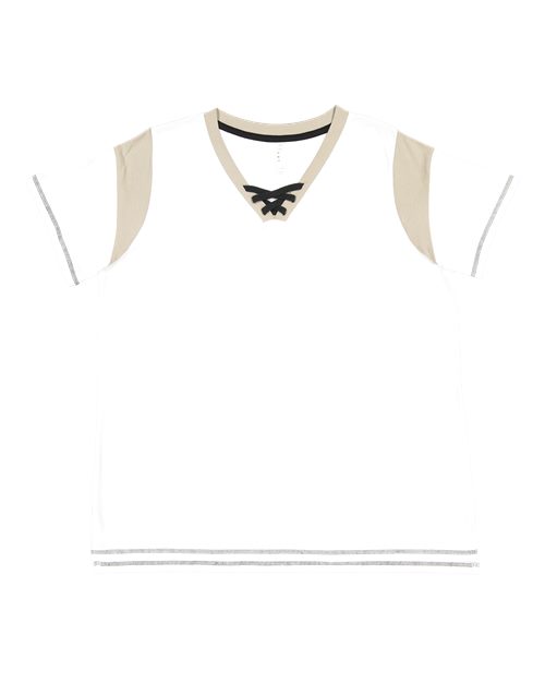 LAT Women's Curvy Lace Up Fine Jersey Tee — White/ Titanium/ Black — Front
