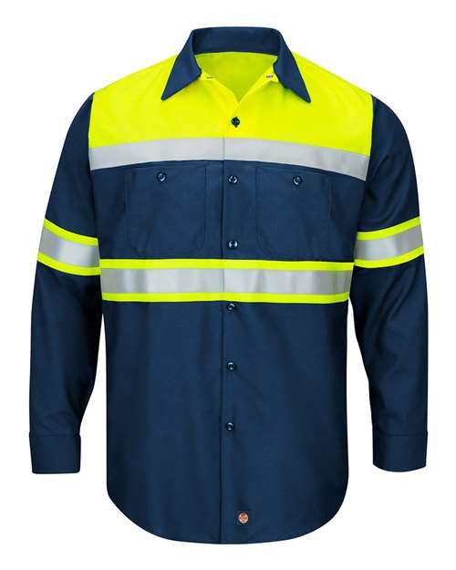 Red Kap Men's Hi-Visibility Colorblock Ripstop Long Sleeve Work Shirt — Fluorescent Yellow/ Navy — Front
