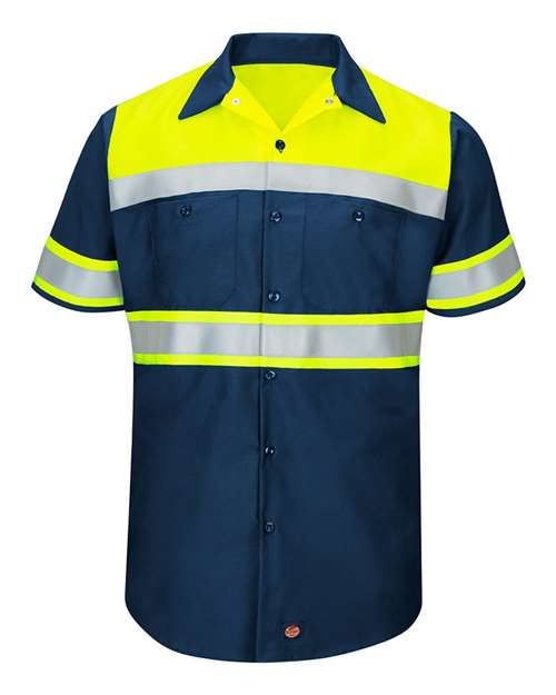 Red Kap Men's Hi-Visibility Colorblock Ripstop Short Sleeve Work Shirt — Fluorescent Yellow/ Navy — Front