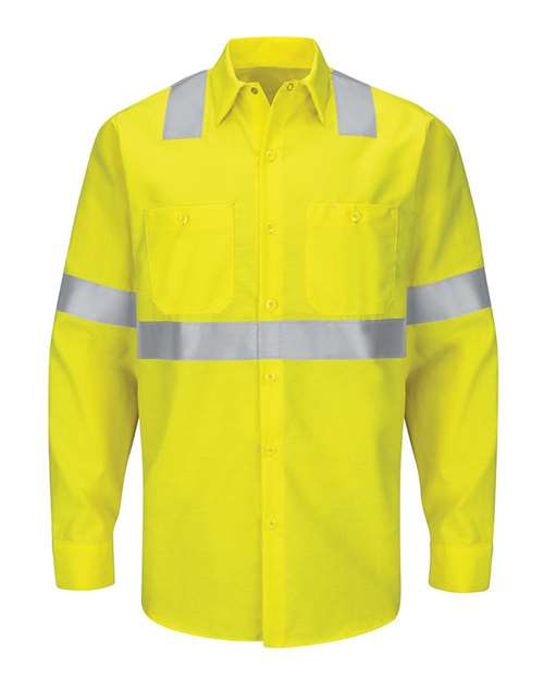 Red Kap Men's Enhanced & Hi-Visibility Long Sleeve Work Shirt — HV-Fluorescent Yellow/ Green — Front