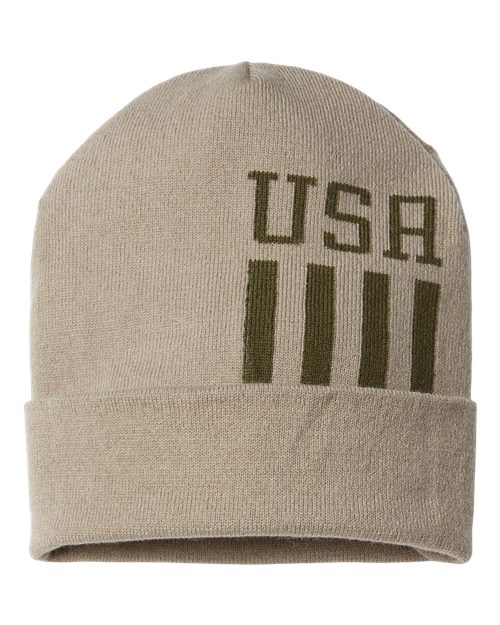 CAP AMERICA USA-Made Patriotic Cuffed Beanie — Khaki/ Olive USA — Front