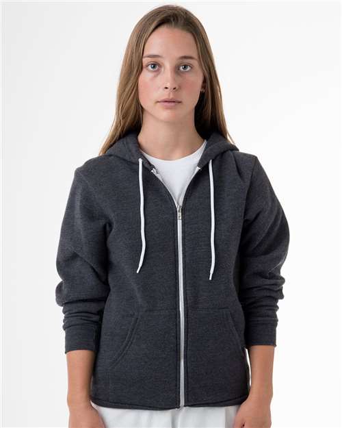 Los Angeles Apparel Unisex USA-Made Flex Fleece Full-Zip Hooded Sweatshirt — Dark Heather Grey — On model · front