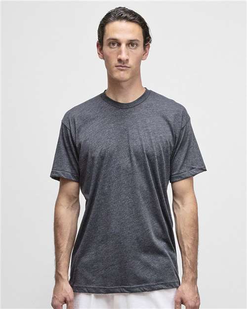 Los Angeles Apparel Unisex USA-Made 50/50 Poly/Cotton T-Shirt — Heather Black — On model · front