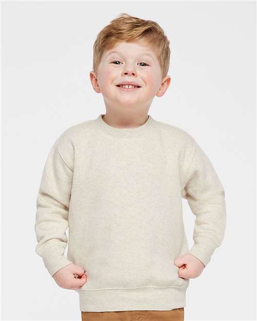 Rabbit Skins Toddler Fleece Crewneck Sweatshirt — Natural Heather — On model · front