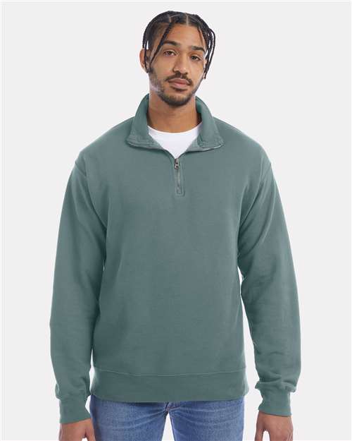 ComfortWash by Hanes Unisex Garment-Dyed Quarter-Zip Sweatshirt — Cypress Green — On model · front
