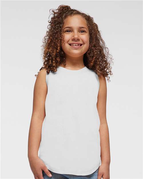 LAT Girls' Relaxed Fine Jersey Tank — White — On model · front