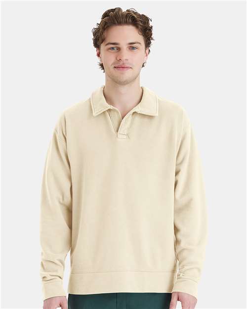 ComfortWash by Hanes Unisex Garment-Dyed Polo Collar Sweatshirt — Parchment — On model · front