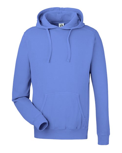 J. America Unisex Pigment-Dyed Fleece Hooded Sweatshirt — Regatta — On model · front