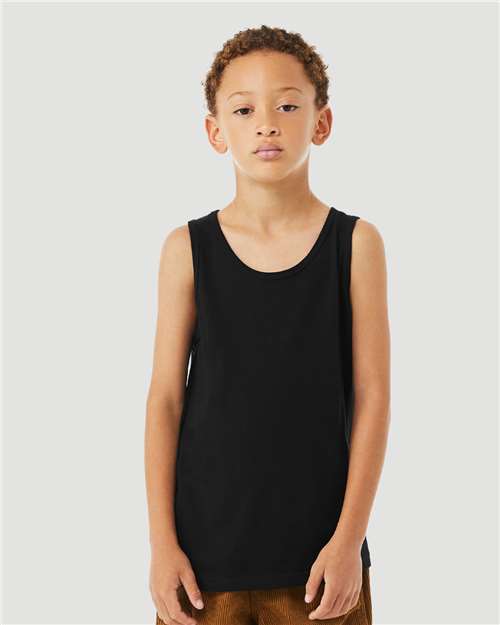 BELLA + CANVAS Youth Heather CVC Tank — Solid Black Blend — On model · front