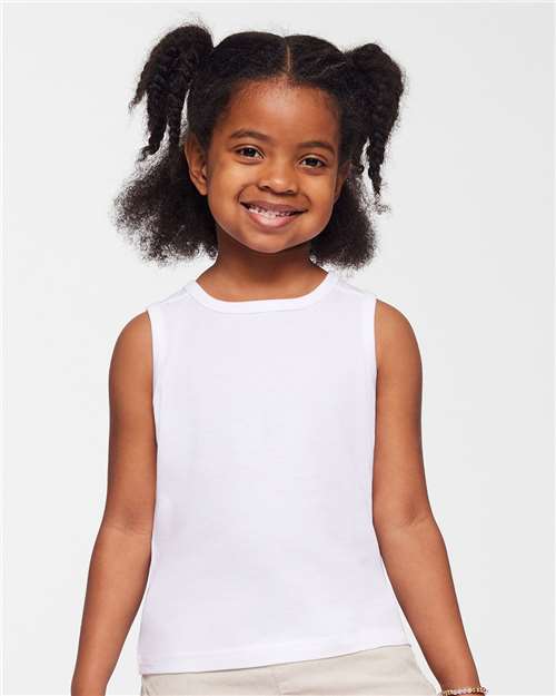 Rabbit Skins Toddler Fine Jersey Tank — White — On model · front