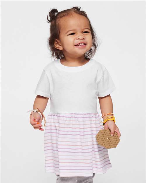Rabbit Skins Infant Fine Jersey Dress — White/ Lilac Stripe — On model · front