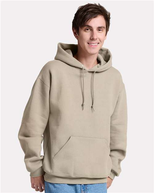 JERZEES Unisex Rugged Hooded Sweatshirt — Putty — On model · front