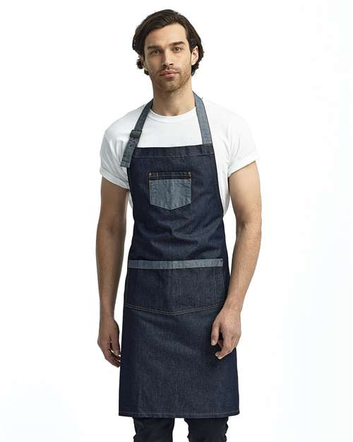 Artisan Collection by Reprime Domain Contrast Denim Bib Apron — Indigo Denim — On model · front