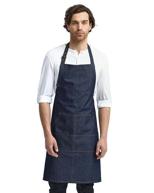 Artisan Collection by Reprime Jeans Stitch Denim Bib Apron — Indigo Denim — On model · front