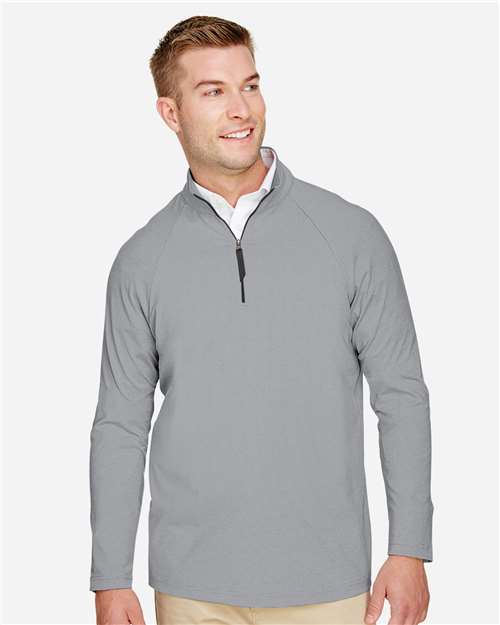 Devon & Jones Men's CrownLux Performance® Clubhouse Micro-Stripe Quarter-Zip Pullover — Black — On model · front