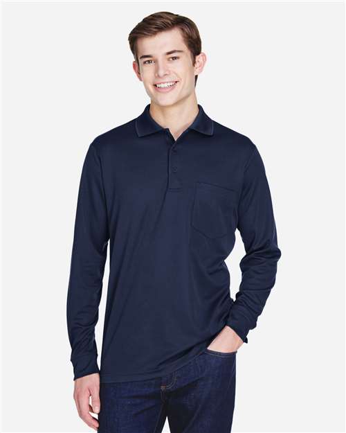 CORE365 Men's Pinnacle Performance Long Sleeve Piqué Polo with Pocket — Classic Navy — On model · front