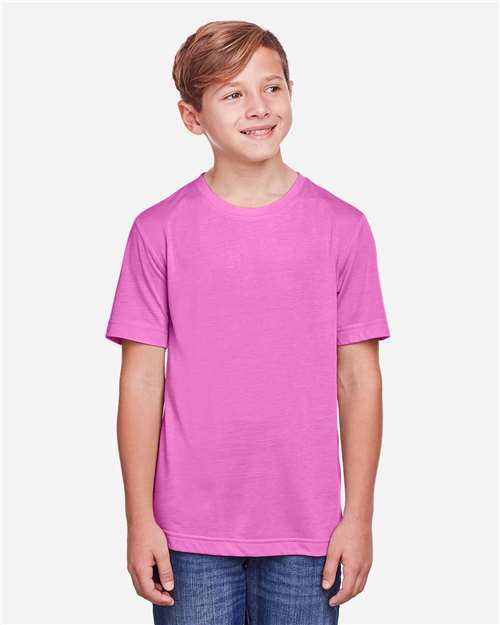 CORE365 Youth Fusion ChromaSoft™ Performance T-Shirt — Charity Pink — On model · front