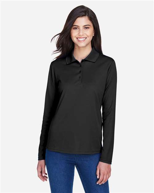CORE365 Women's Pinnacle Performance Long Sleeve Piqué Polo — Black — On model · front