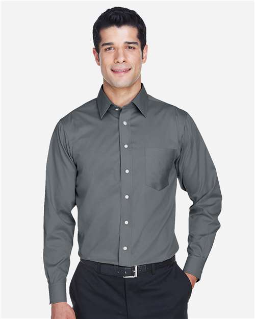 Devon & Jones Men's Crown Collection® Solid Stretch Twill Woven Dress Shirt — Graphite — On model · front