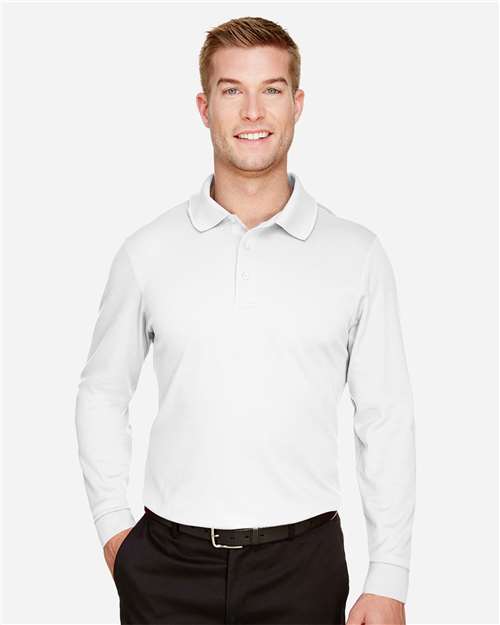 Devon & Jones Men's CrownLux Performance® Plaited Long Sleeve Polo — White — On model · front