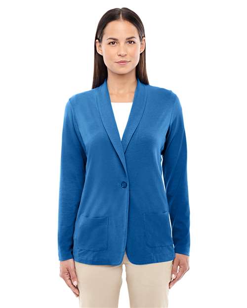 Devon & Jones Women's Perfect Fit™ Shawl Collar Cardigan — French Blue — On model · front