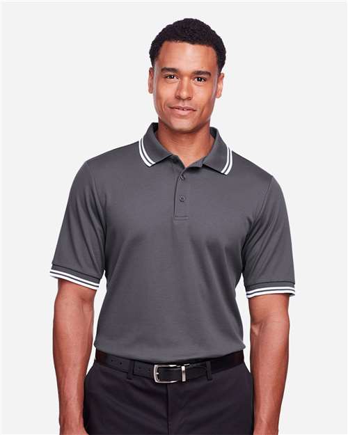 Devon & Jones Men's CrownLux Performance® Plaited Tipped Polo — Graphite/ White — On model · front