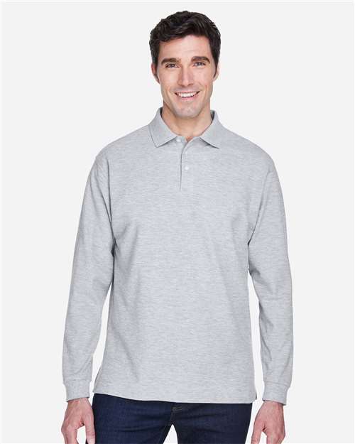 Devon & Jones Men's Pima Piqué Long Sleeve Polo — Grey Heather — On model · front