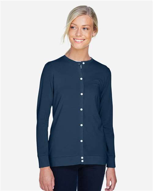 Devon & Jones Women's Perfect Fit™ Ribbon Cardigan — Navy — On model · front