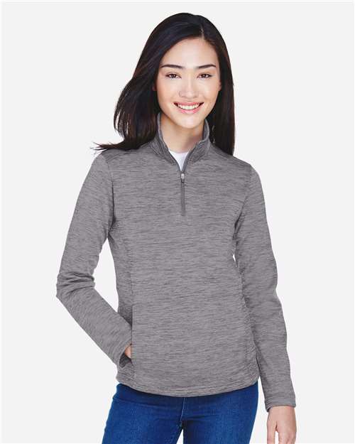 Devon & Jones Women's Newbury Mélange Fleece Quarter-Zip Pullover — Dark Grey Heather — On model · front