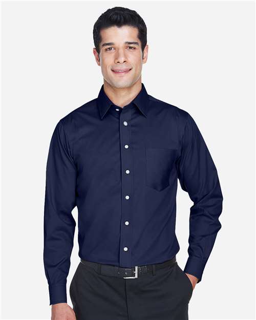 Devon & Jones Men's Tall Crown Collection® Solid Stretch Twill Woven Dress Shirt — Navy — On model · front