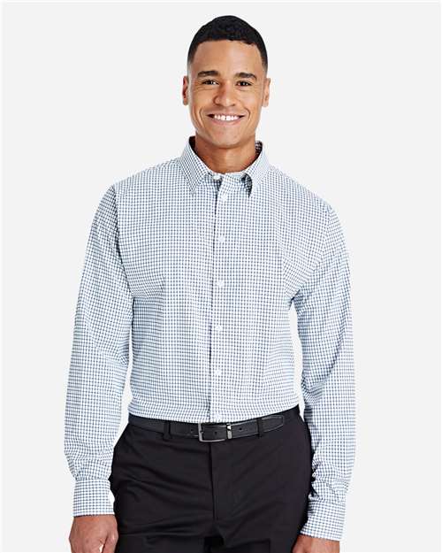 Devon & Jones Men's CrownLux Performance® Micro Windowpane Woven Dress Shirt — Navy/ White — On model · front