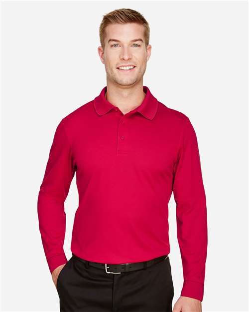 Devon & Jones Men's Tall CrownLux Performance® Plaited Long Sleeve Polo — Red — On model · front