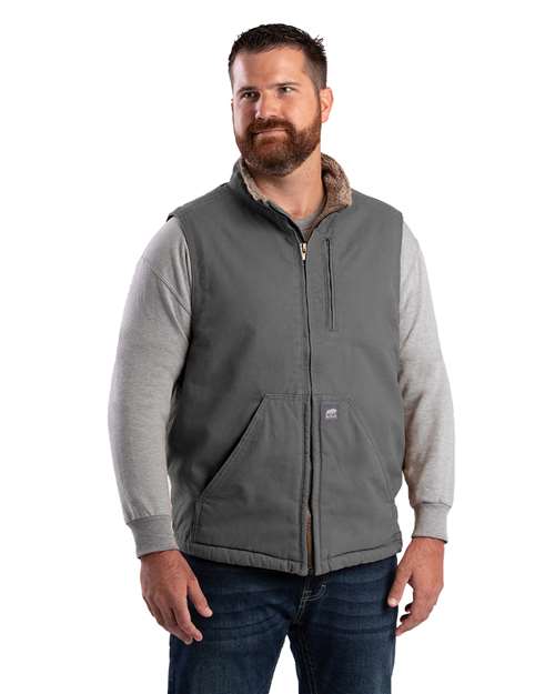 Berne Apparel Men's Heartland Sherpa-Lined Washed Duck Vest — Slate — On model · front