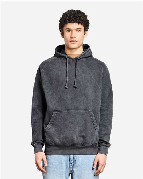 Lane Seven Unisex Vintage Raglan Hooded Sweatshirt — Vintage Black — On model · front