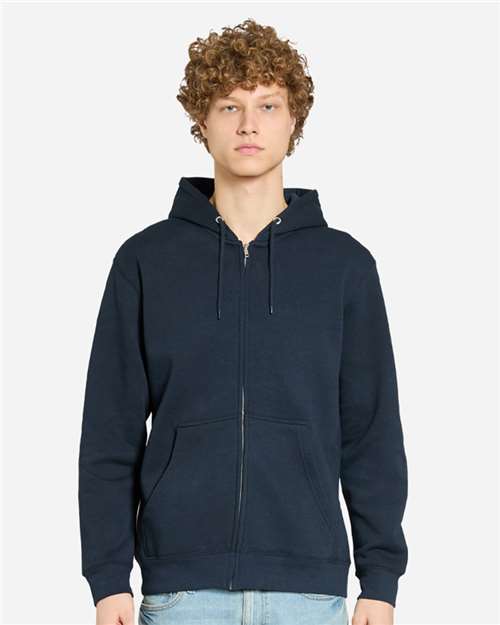 Lane Seven Unisex Premium Full-Zip Hooded Sweatshirt — Navy — On model · front