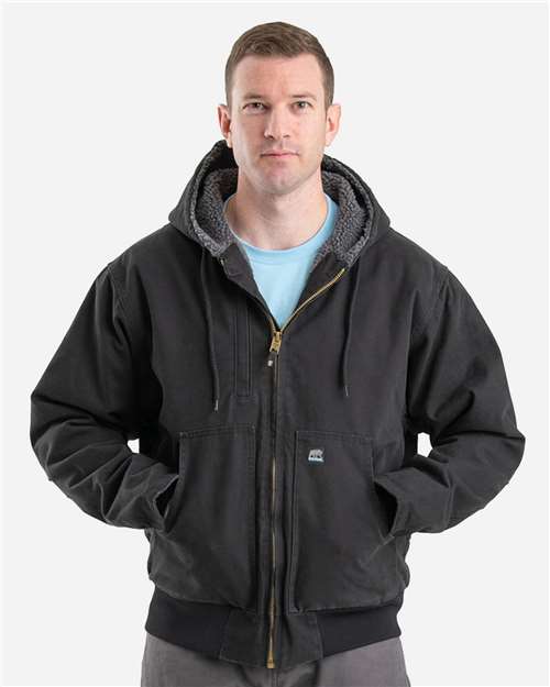 Berne Apparel Men's Highland Flex180® Washed Duck Hooded Work Jacket — Black — On model · front