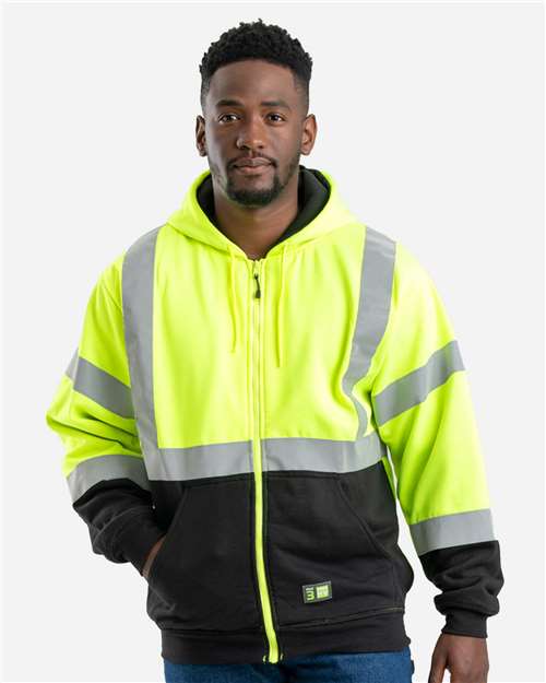 Berne Apparel Men's Hi-Vis Class 3 Color Block Full-Zip Hooded Sweatshirt