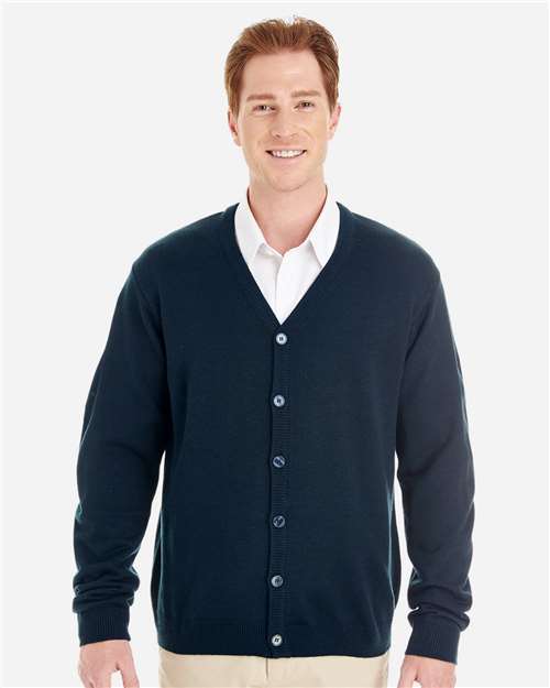 Harriton Men's Pilbloc™ V-Neck Button Cardigan Sweater — Dark Navy — On model · front