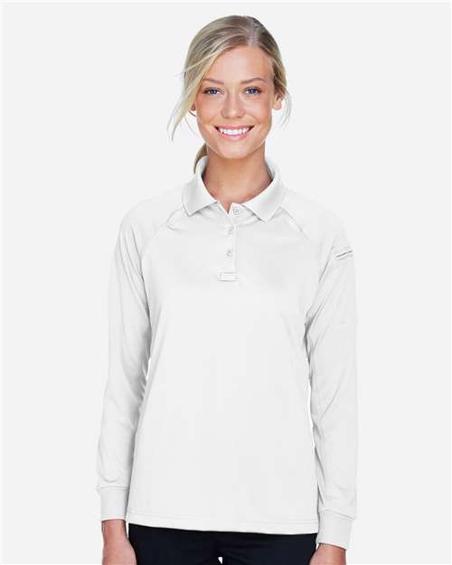 Harriton Women's Advantage Long Sleeve Tactical Polo — White — On model · front