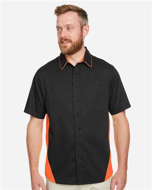 Harriton Men's Flash IL Colorblock Shirt — Black/ Team Orange — On model · front