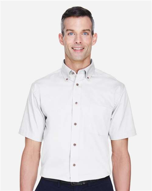 Harriton Men's Easy Blend™ Twill Dress Shirt with Stain-Release — White — On model · front