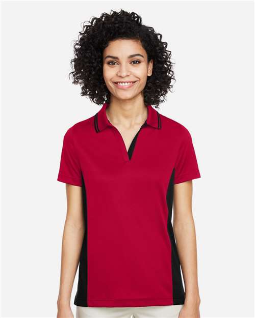 Harriton Women's Flash Snag Protection Plus IL Colorblock Polo — Red/ Black — On model · front