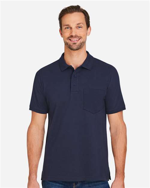 Harriton Men's Valiant Cotton Snag Protect Pocket Polo — Dark Navy — On model · front
