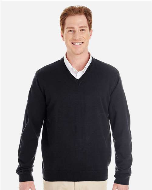 Harriton Men's Pilbloc™ V-Neck Sweater — Black — On model · front